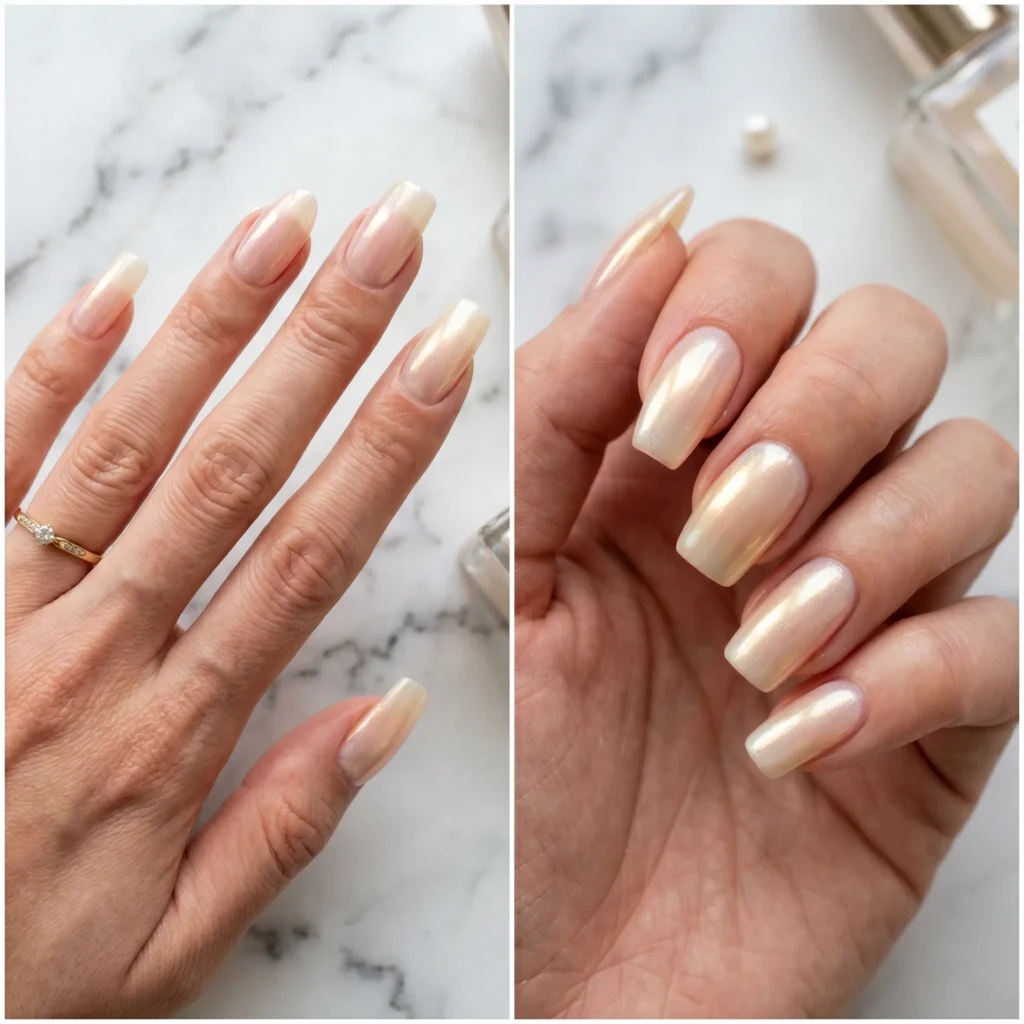 Mother's Day nails 2026 &mdash; opalescent neutral gel nails shifting ivory blush champagne, sophisticated