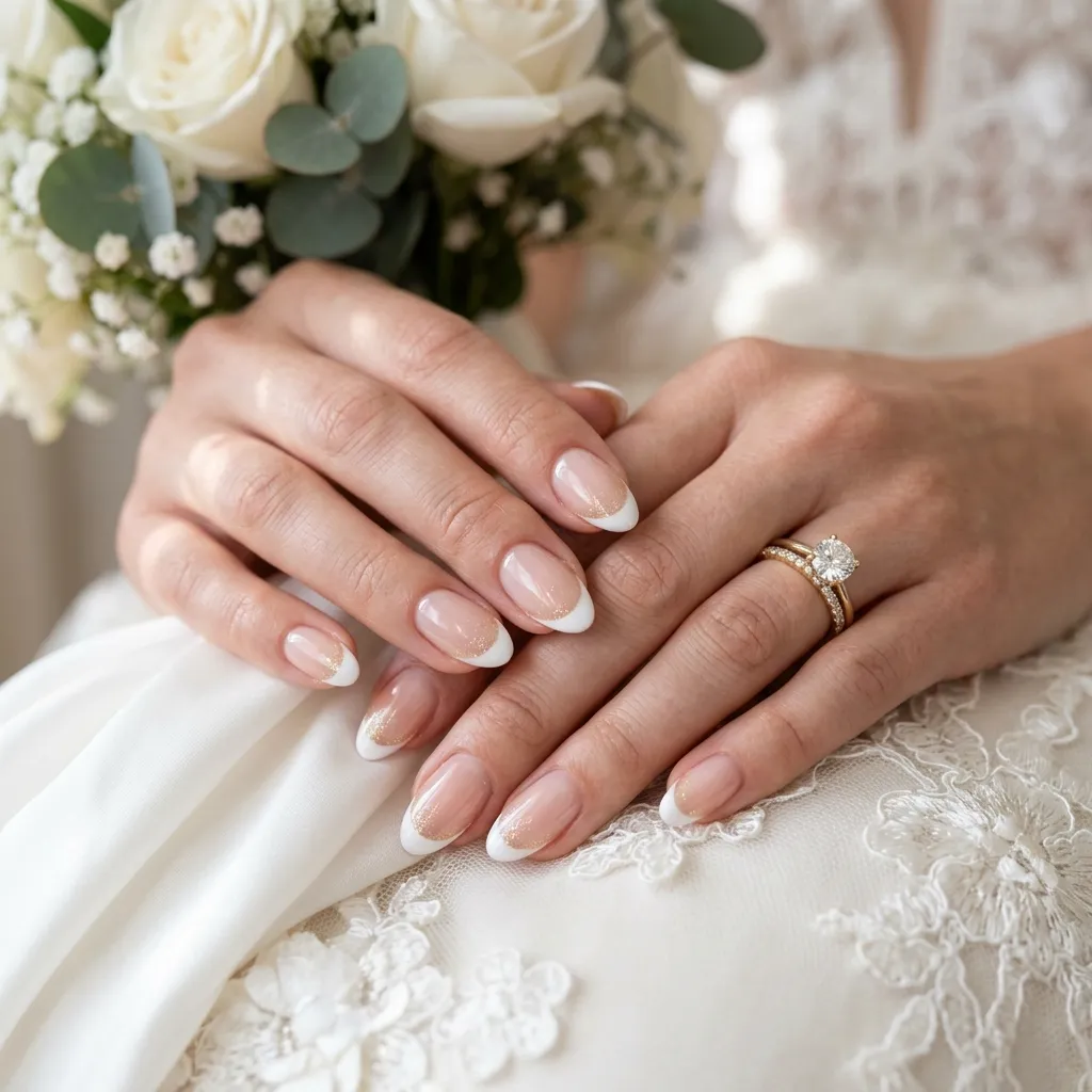 White and gold shimmer french tip nails for elegant bridal manicure