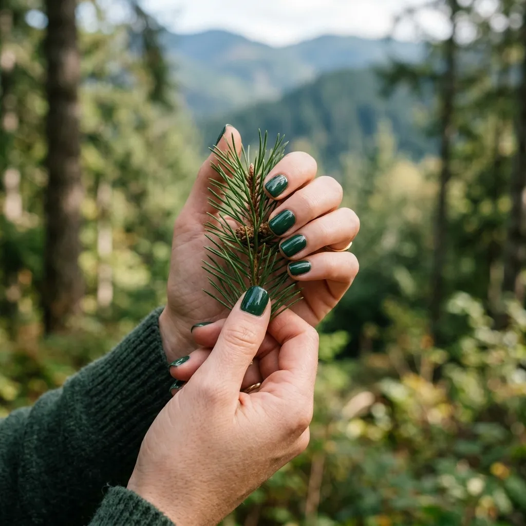 Forest green short vacation nails 2026 mountain nature escape squoval