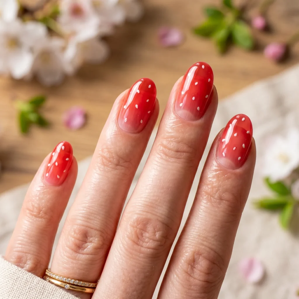 strawberry nails 2026 translucent jelly red oval spring