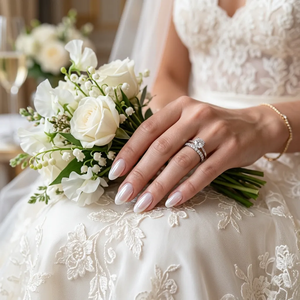 Milky glazed french tip nails with glossy pearl bridal finish