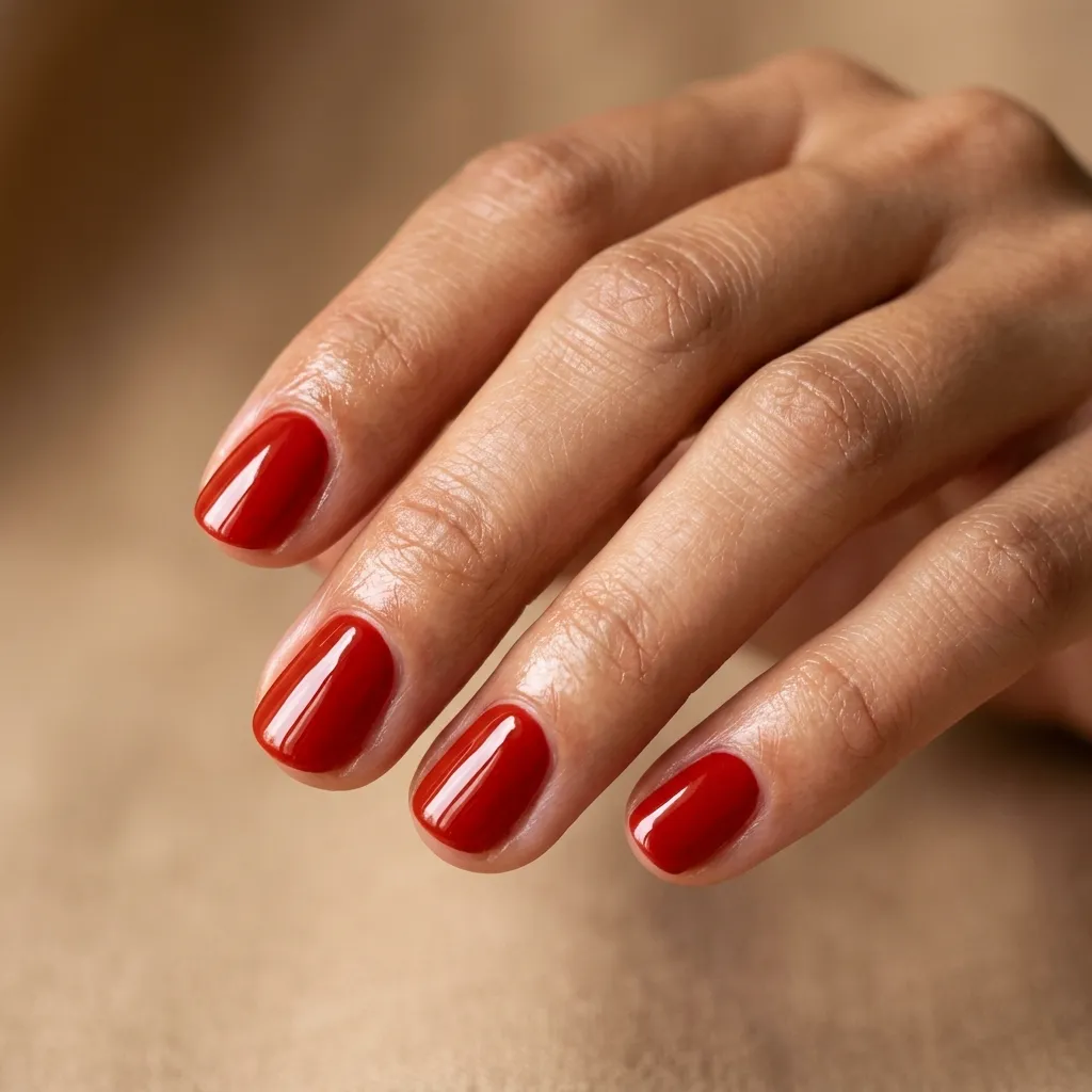 Short tomato red glossy vacation nails 2026 round shape bold look