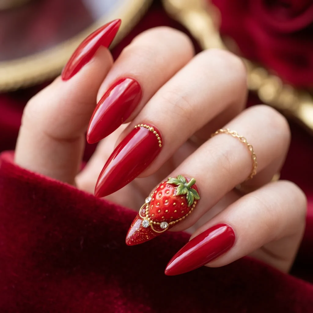 strawberry nails 2026 micro charm 3D stiletto