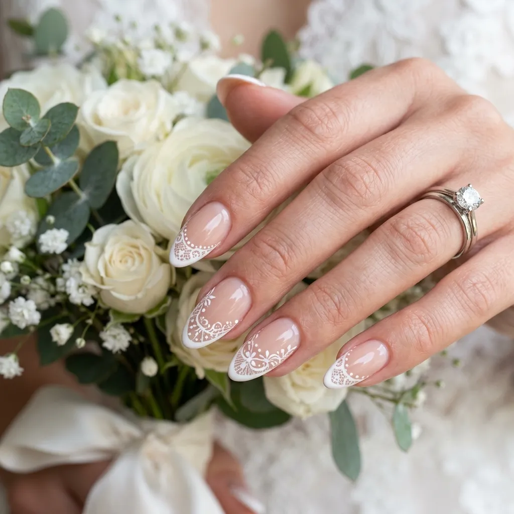 Lace-inspired french tip nails with delicate white bridal detailing
