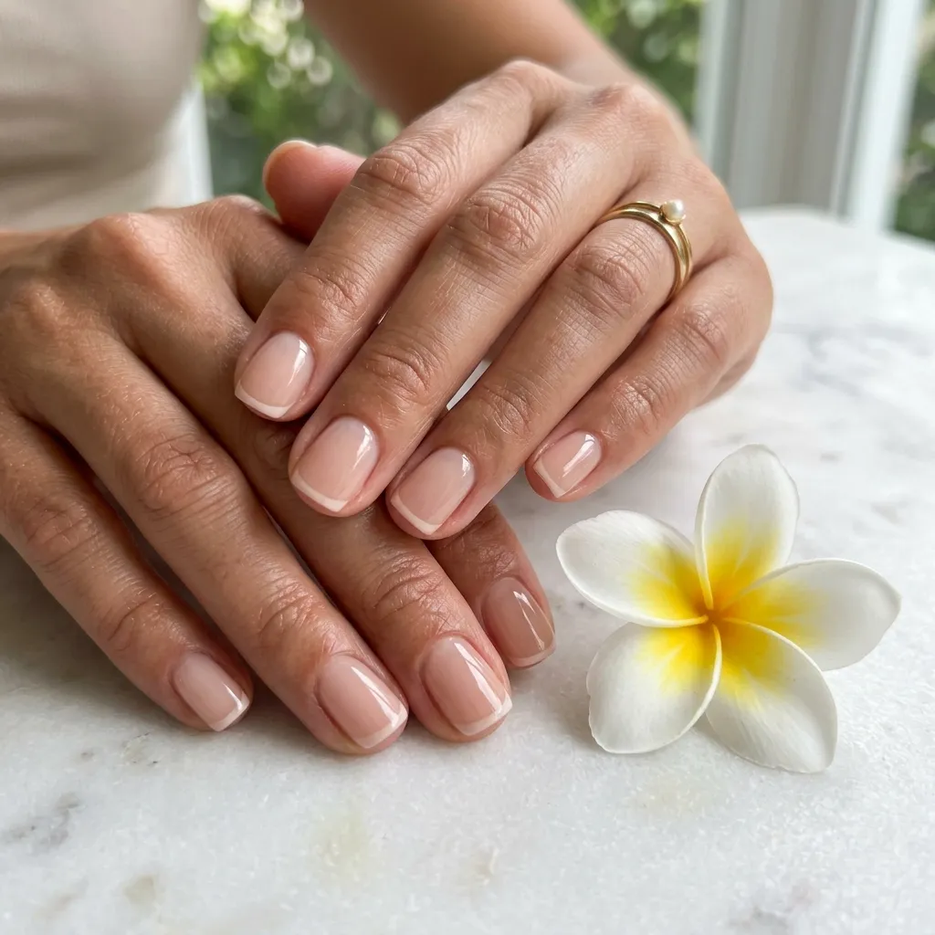 Short micro blush French tip vacation nails 2026 squoval subtle