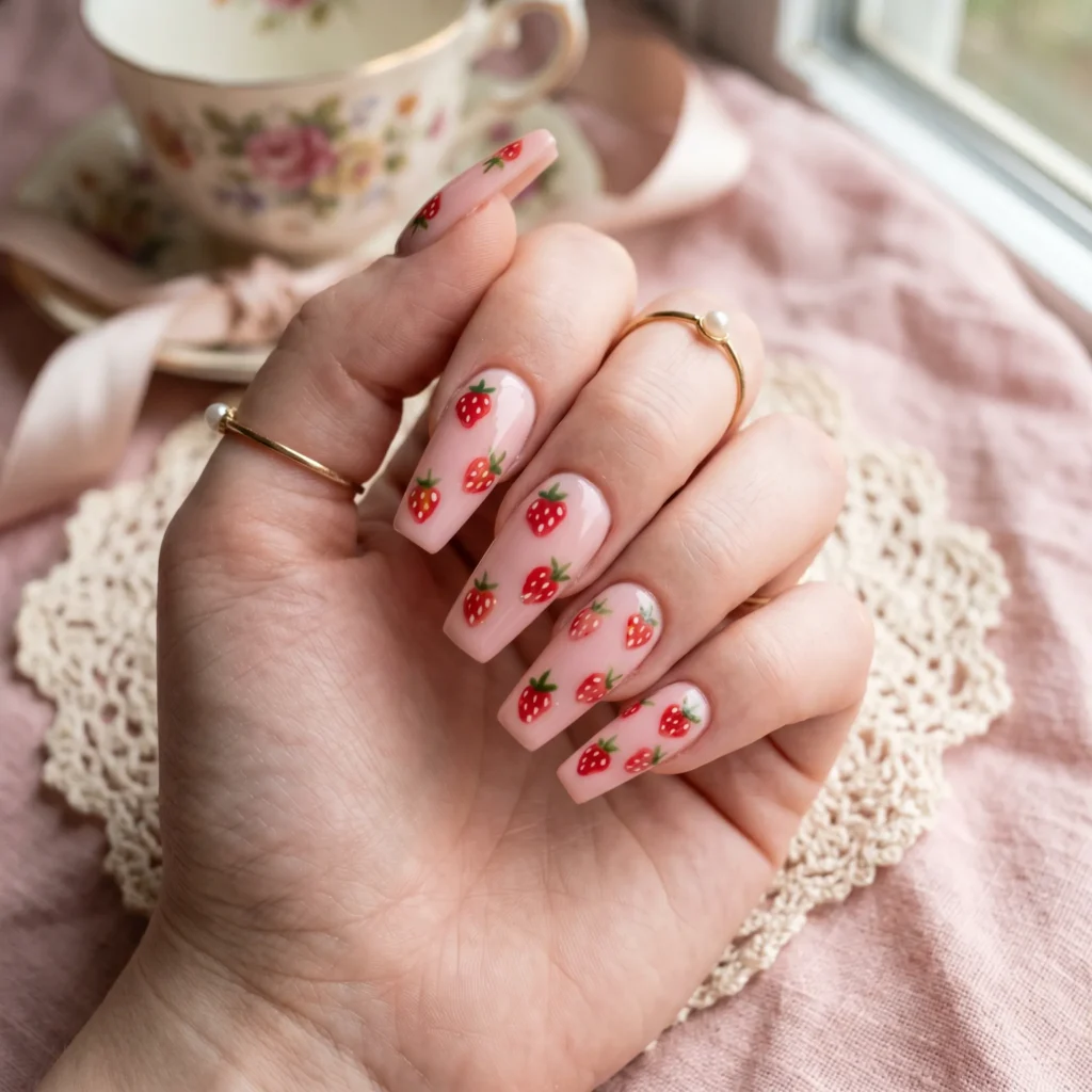 strawberry nails 2026 blush pink base red fruit coffin