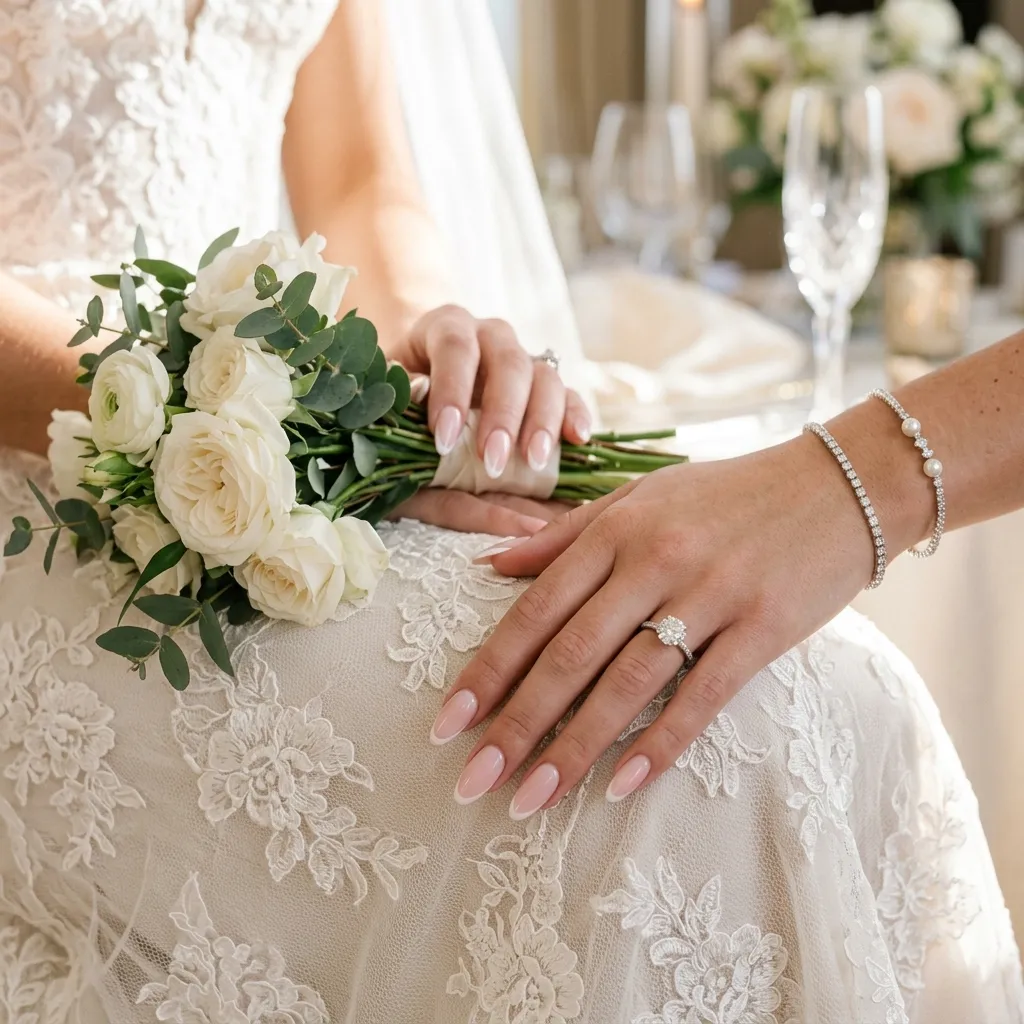 Soft pink elongated french tip nails for bridal manicure inspiration