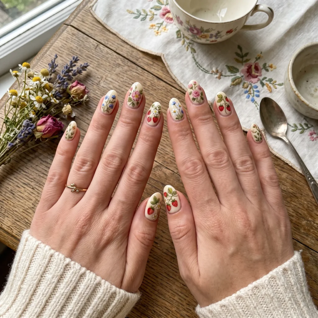 strawberry nails 2026 cottagecore floral combo oval