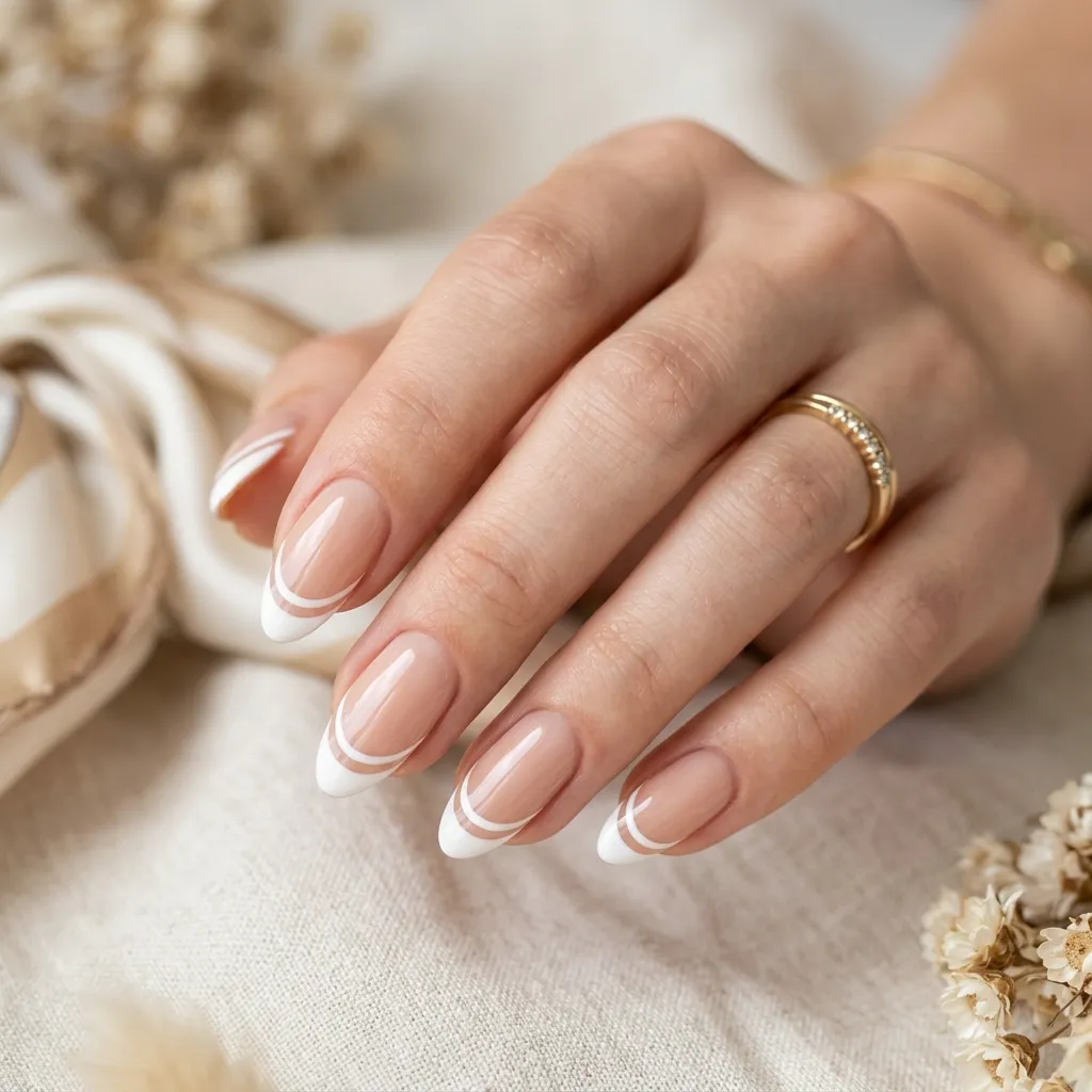 Double french tip nails with two thin parallel white lines