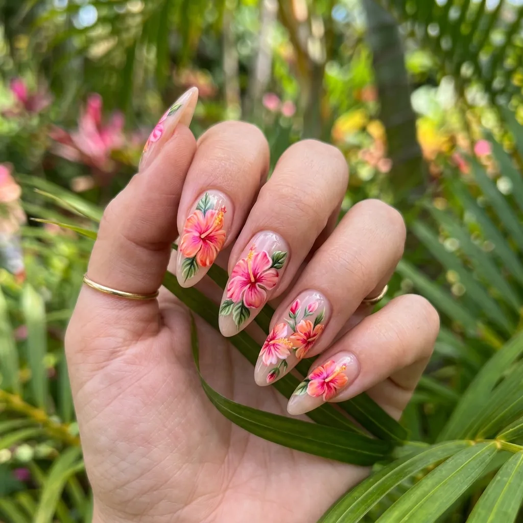 Long almond tropical floral art vacation nails 2026 hibiscus detail