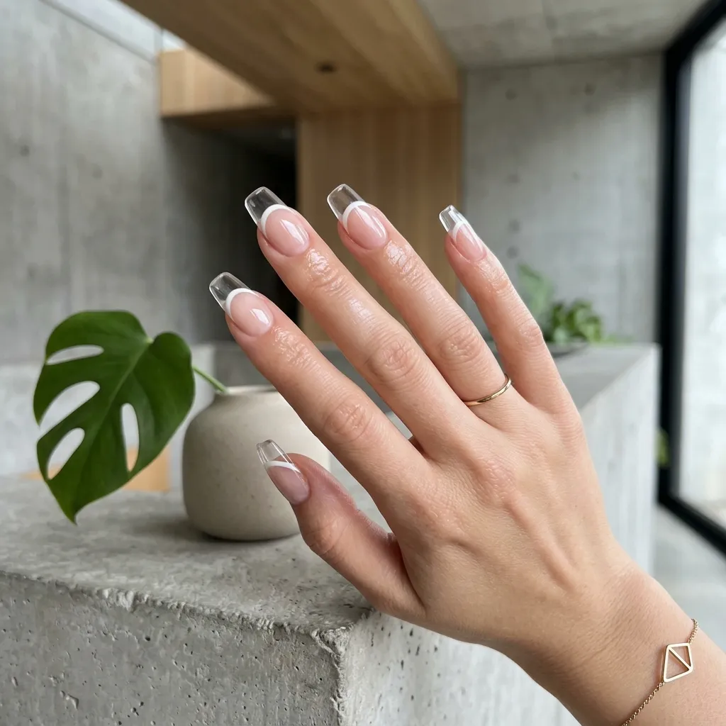 &ldquo;Negative space french tip nails with modern transparent tip design&rdquo;