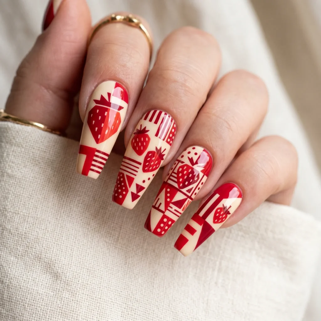strawberry nails 2026 geometric abstract fruit pattern coffin