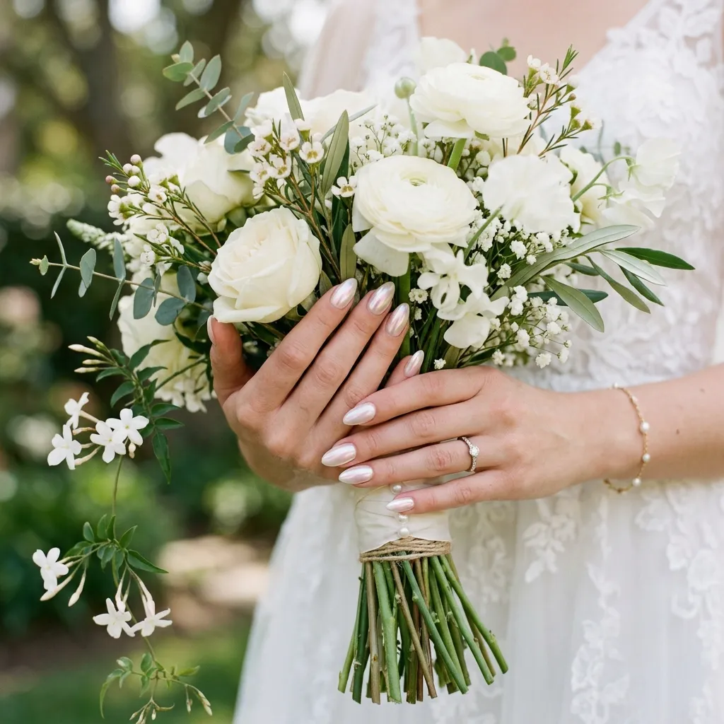 Pearl chrome bridal honeymoon vacation nails 2026 wedding bouquet