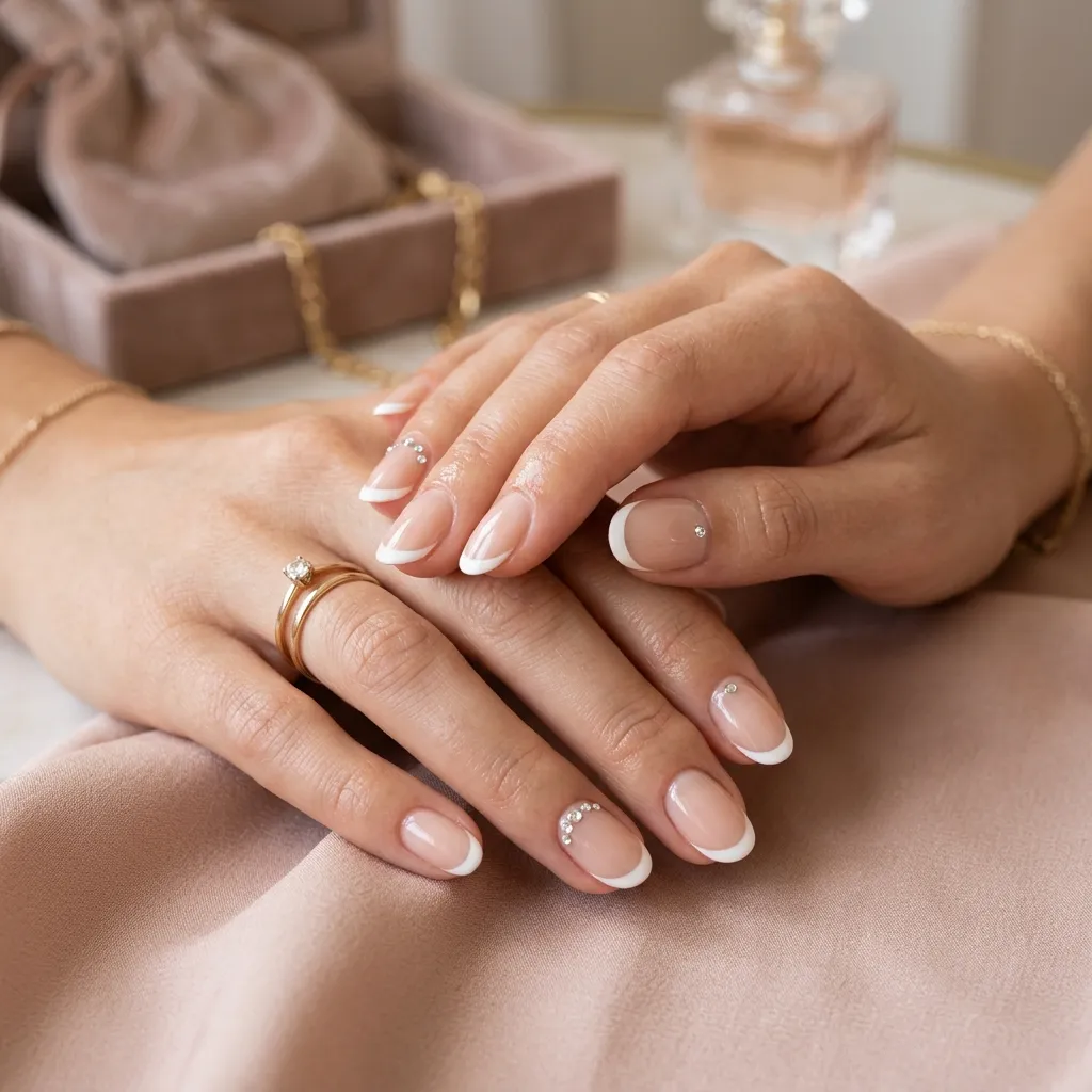 French tip nails with tiny rhinestone accents and glossy nude base