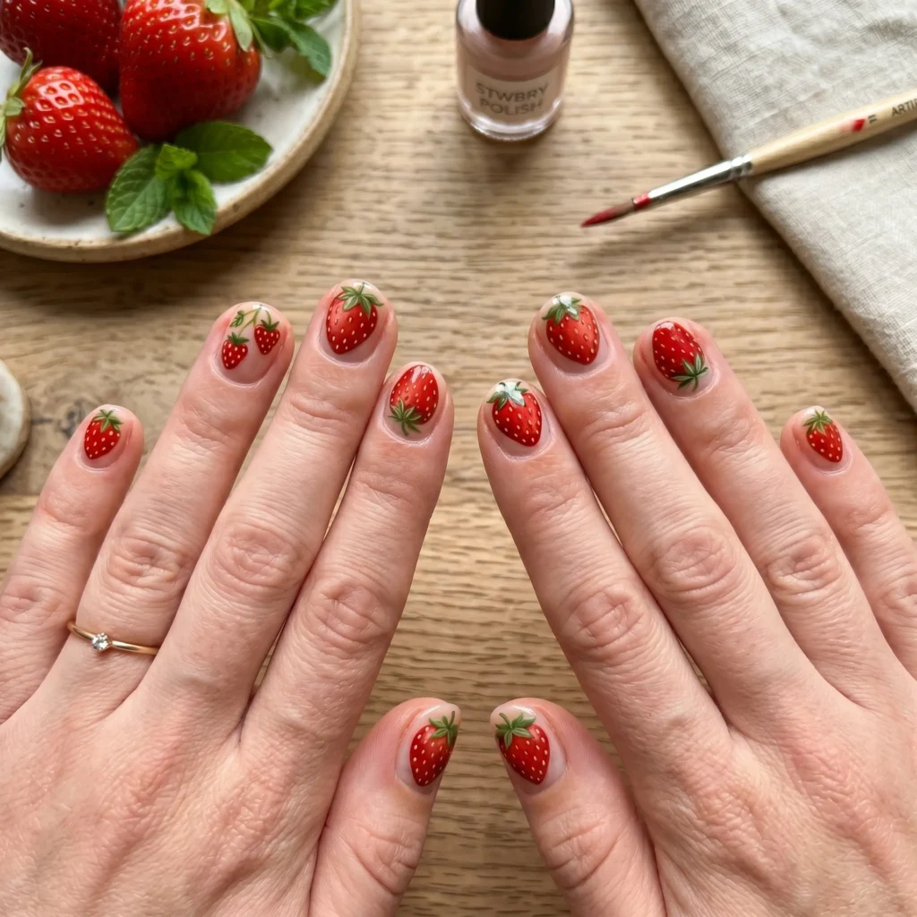 strawberry nails 2026 hand-painted full set short round red