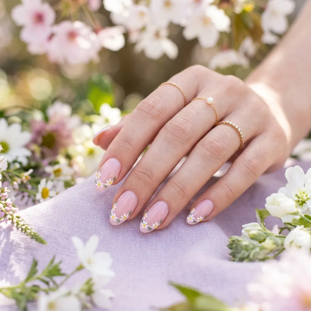 Floral french tip nails with tiny daisy nail art design