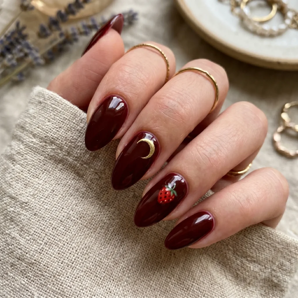 strawberry nails 2026 moon phases accent almond