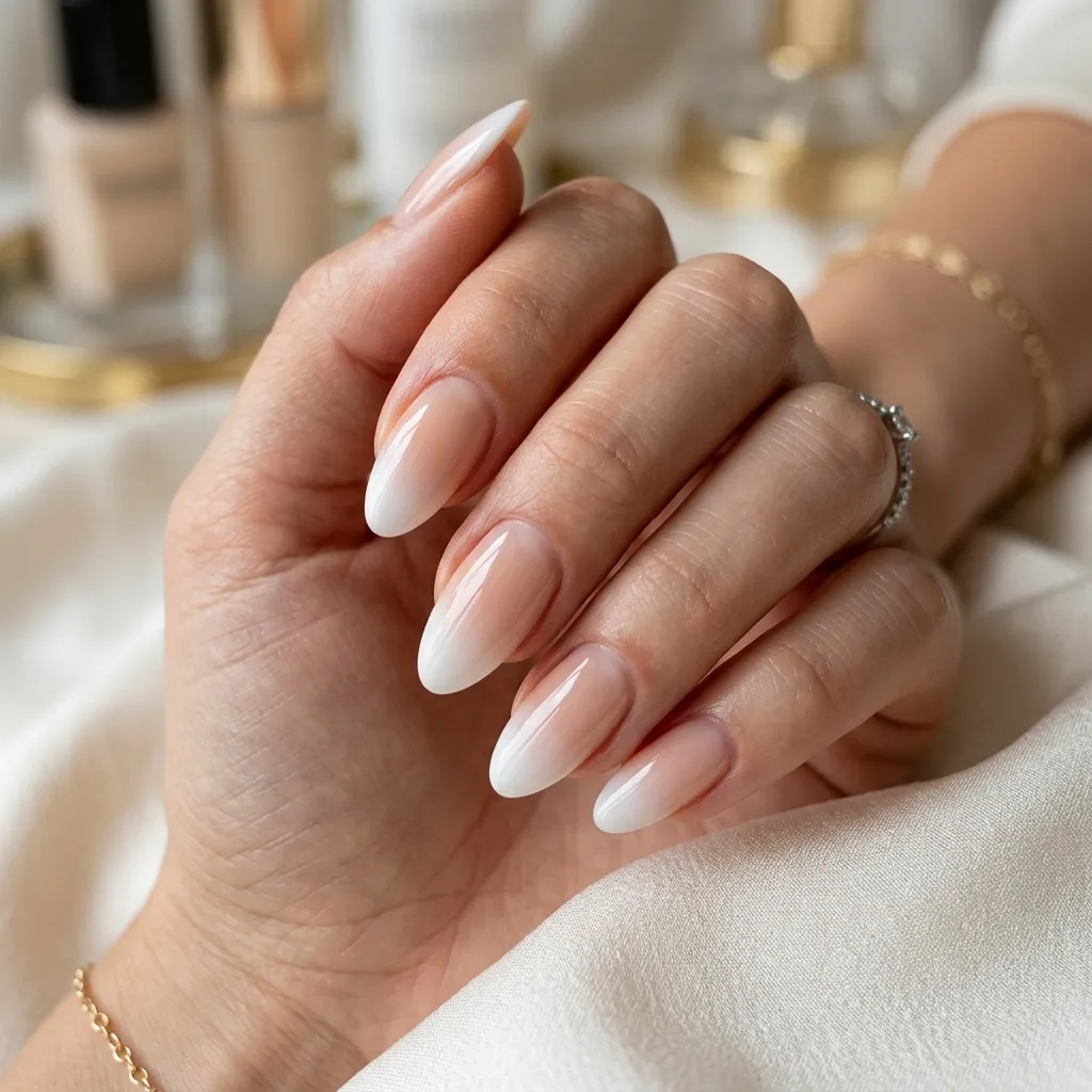 Ombr&eacute; french tip nails with soft nude to white gradient manicure