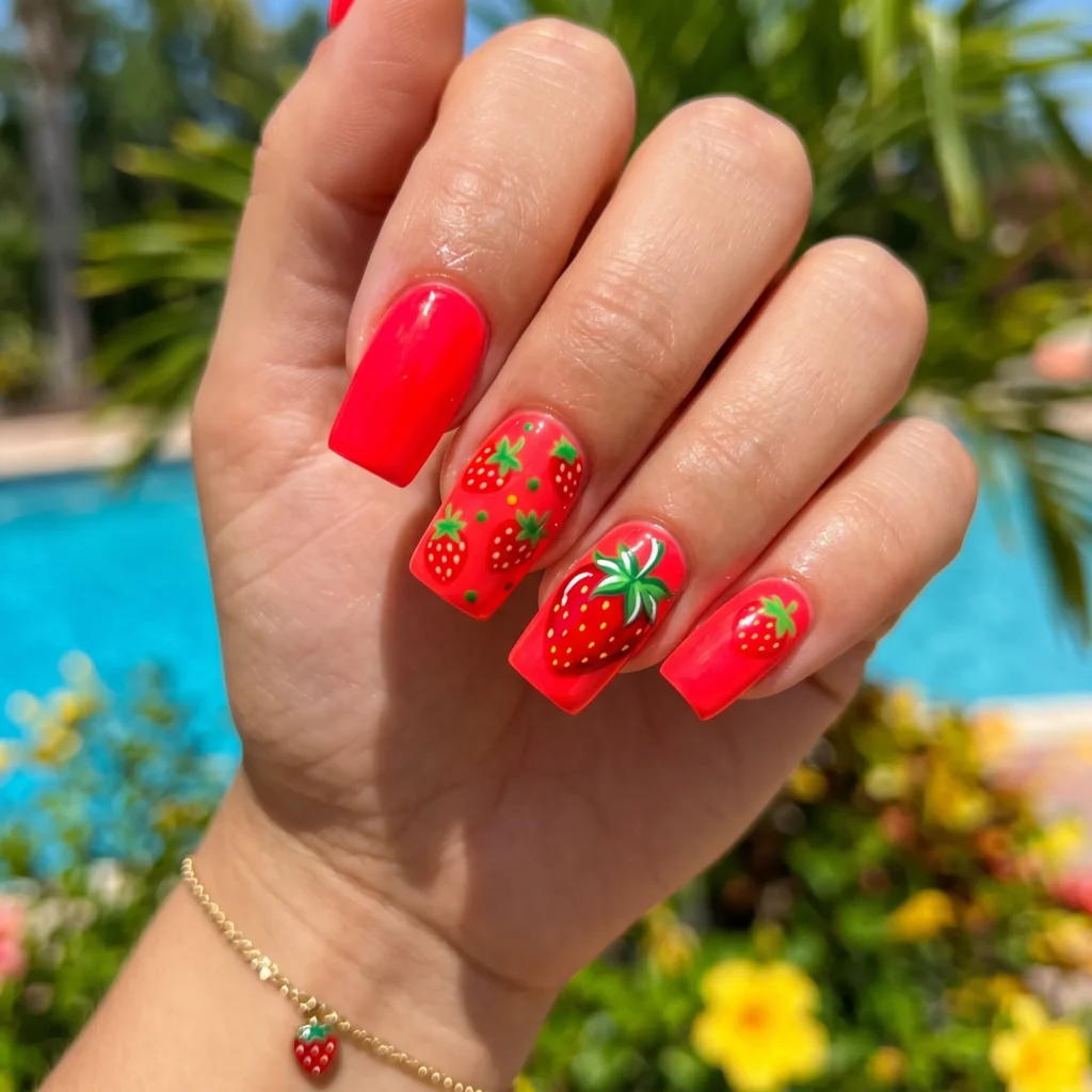 strawberry nails 2026 neon red square summer