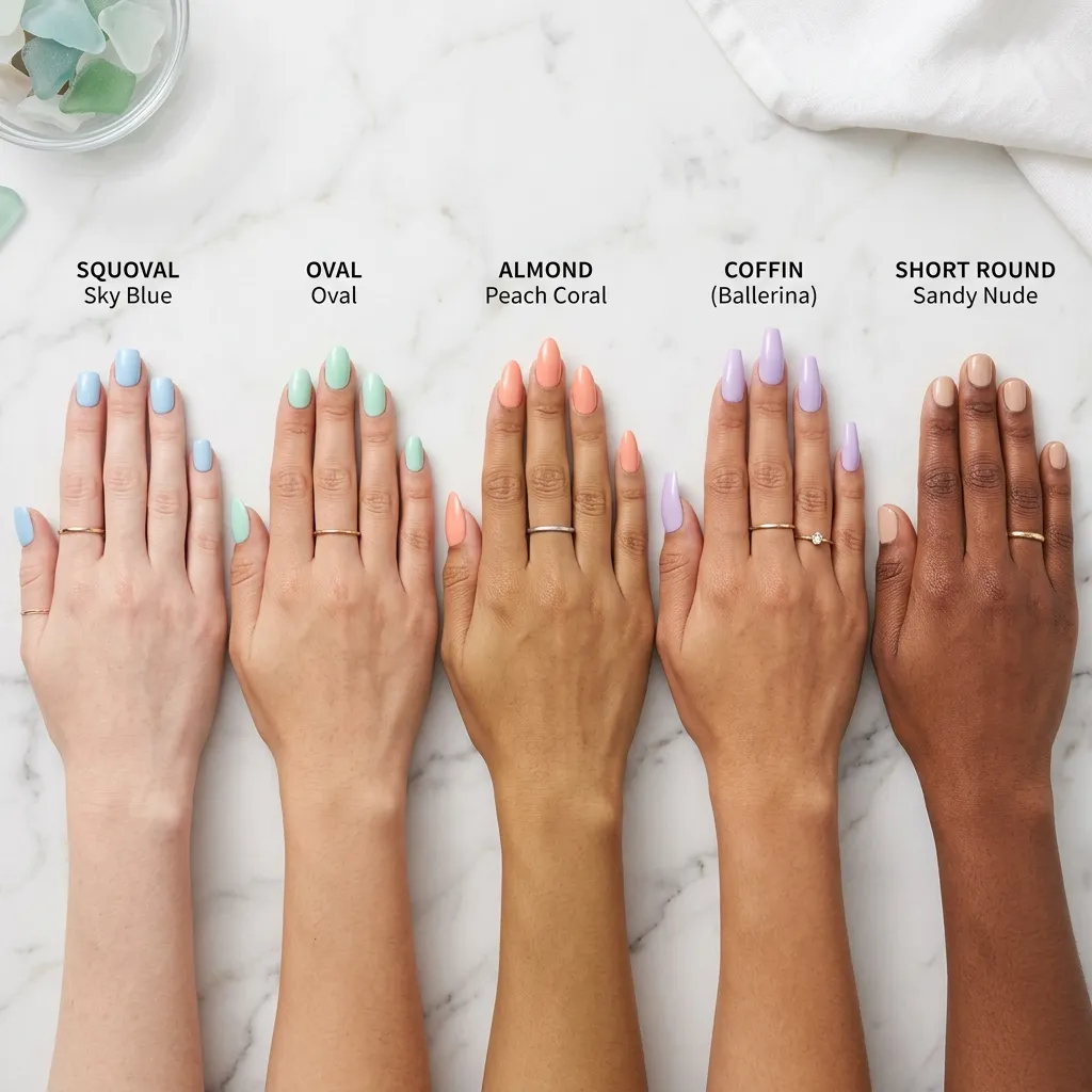 Nail shapes comparison for vacation nails 2026 squoval oval almond coffin round