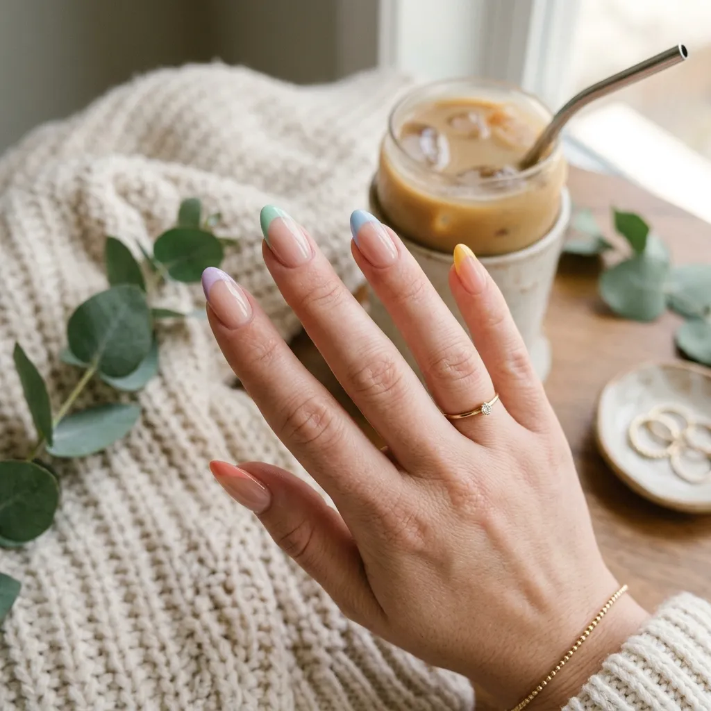 Mismatched color french tip nails with pastel rainbow manicure design
