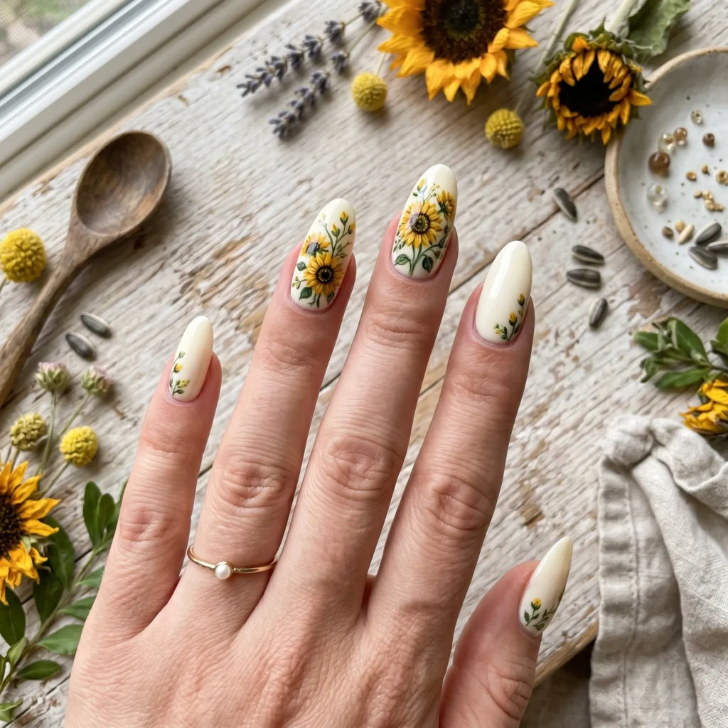Sunflower garden accent nail art on cream long oval nails with clustered florals