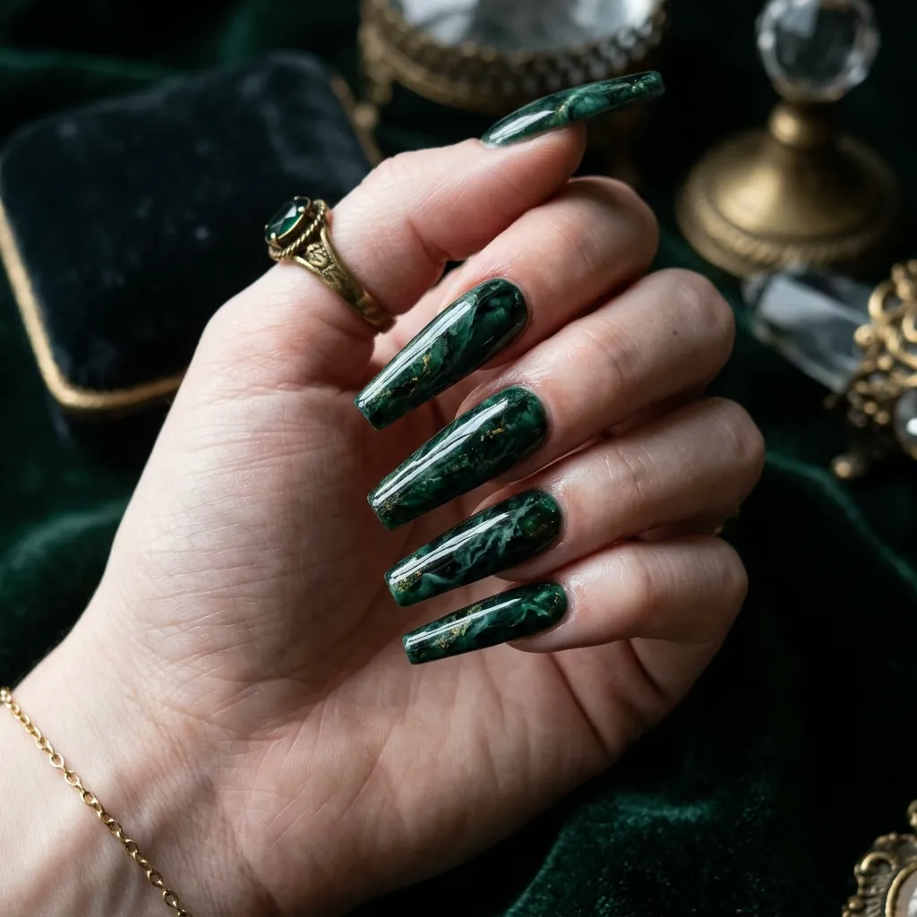 Long coffin nails with deep emerald jade marble texture in a dramatic editorial manicure style.