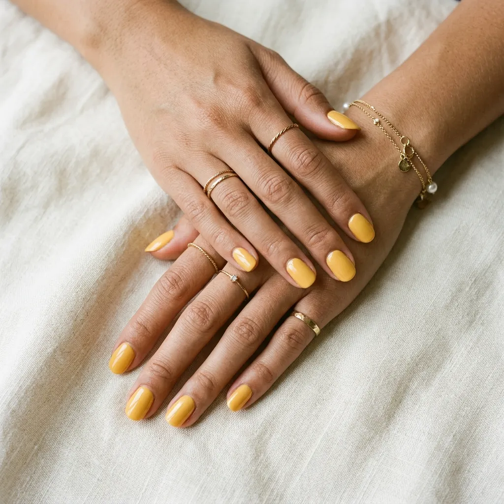 Butter yellow glossy nails on cream fabric with gold ring detail