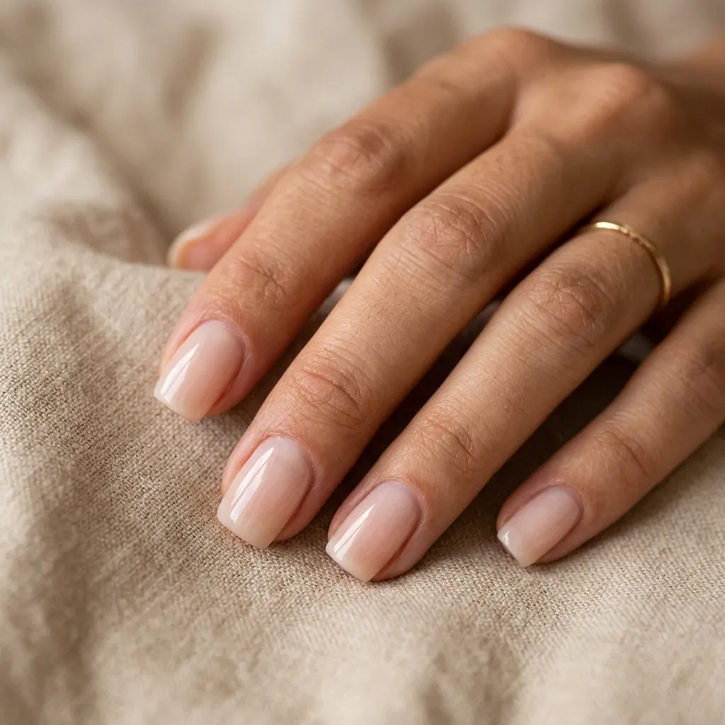Squoval press-on nails with a translucent milky blush finish resting against warm beige linen