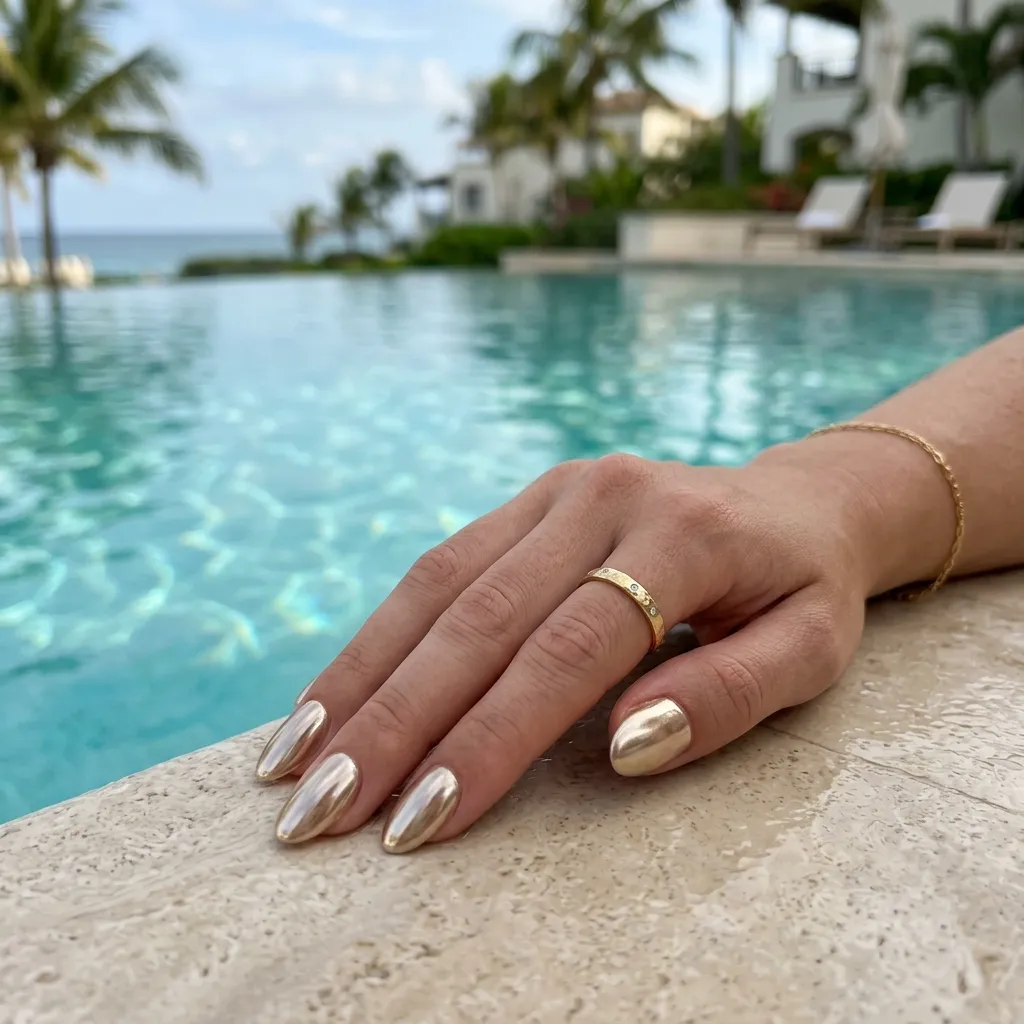 Champagne chrome vacation nails 2026 oval shape at luxury resort pool
