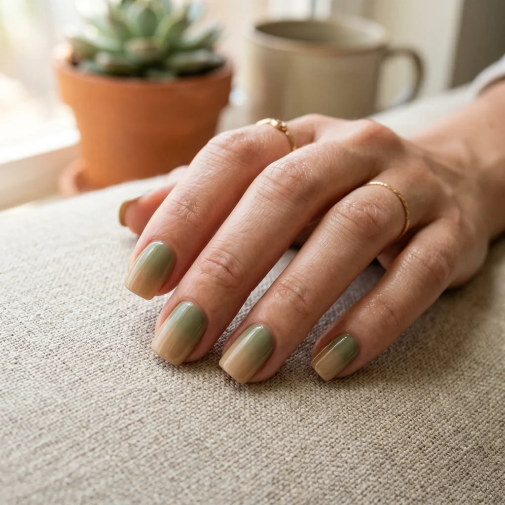 tuscan nail art olive green to warm beige gradient short square 2026