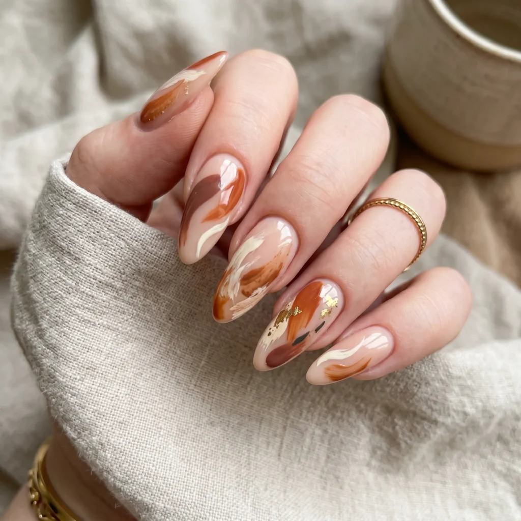 tuscan nail art abstract brushstroke terracotta long almond 2026