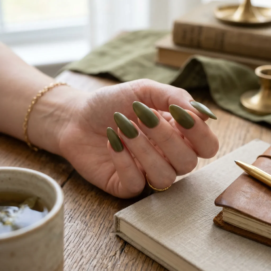 tuscan nail art forest green warm muted long almond 2026