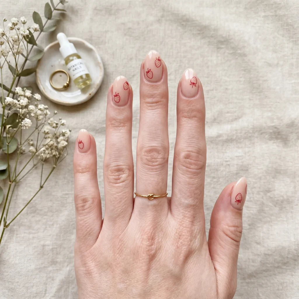 strawberry nails 2026 minimalist line drawing oval nude