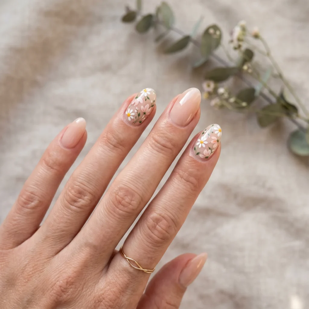 Mother's Day nails 2026 &mdash; tiny hand-painted florals on sheer nude base, micro floral nail art