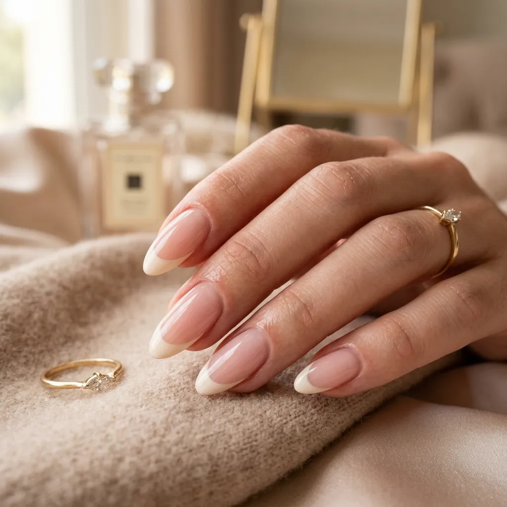 Elegant french tip nails with ivory tips and sheer blush pink nail base