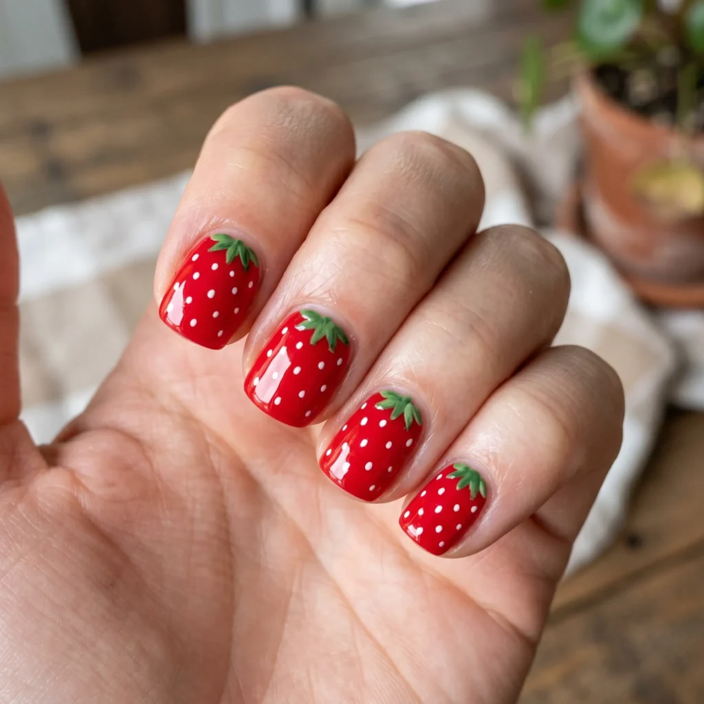 strawberry nails 2026 classic red short nails seeds white