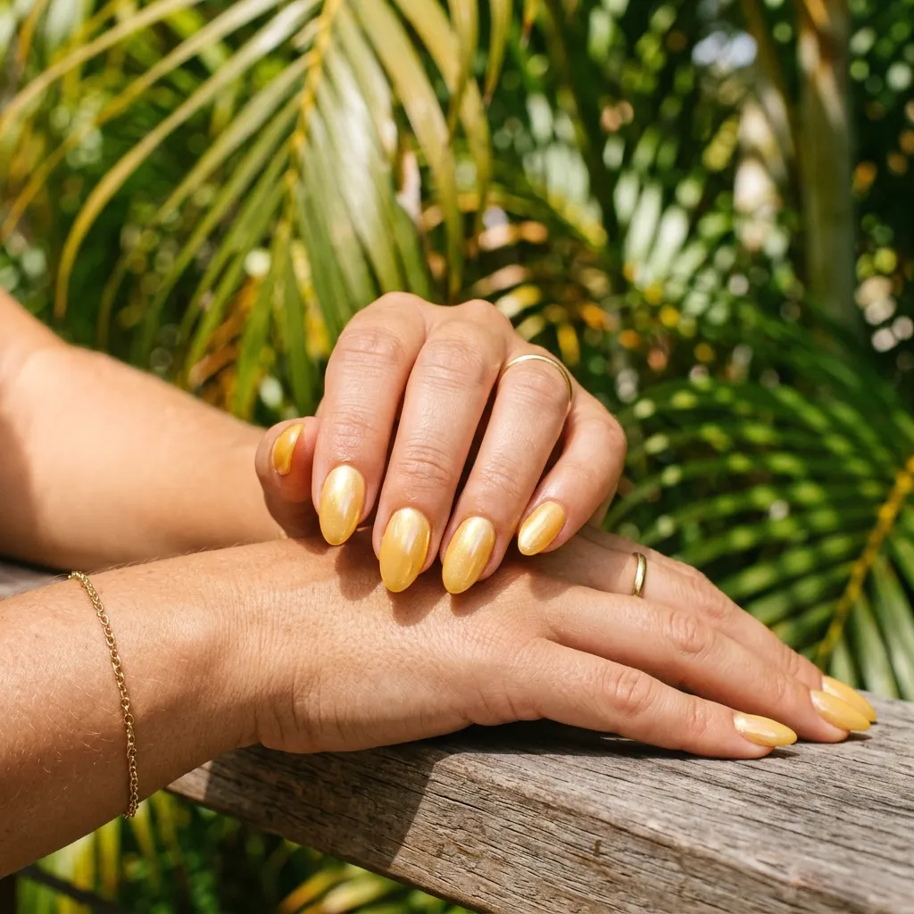 Glazed butter yellow vacation nails 2026 summer trend tropical sunlight