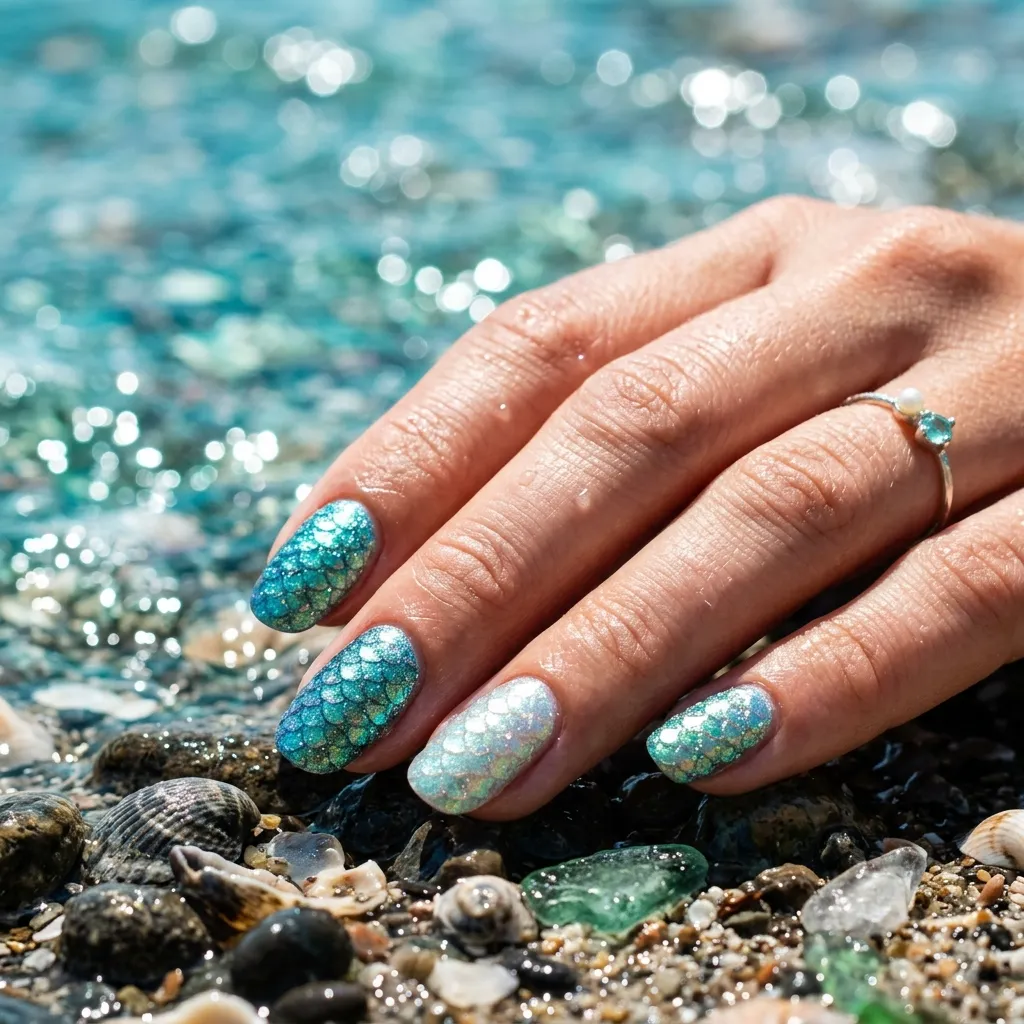 Mermaidcore iridescent shimmer vacation nails 2026 summer trend beach