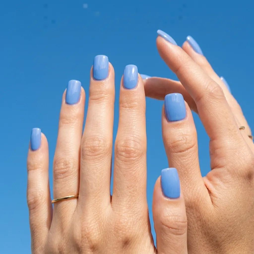 Cornflower blue vacation nails 2026 squoval summer trend sky backdrop