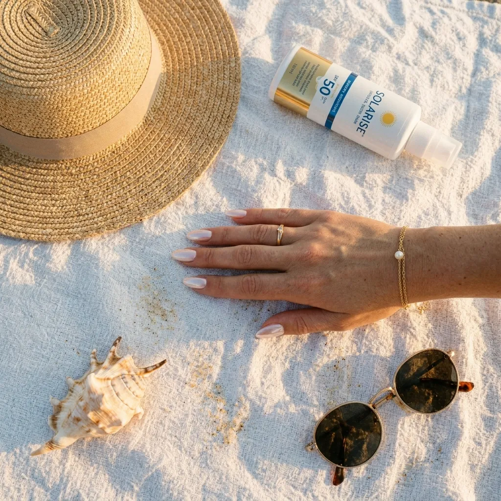 Pearl chrome vacation nails 2026 beach towel golden hour editorial