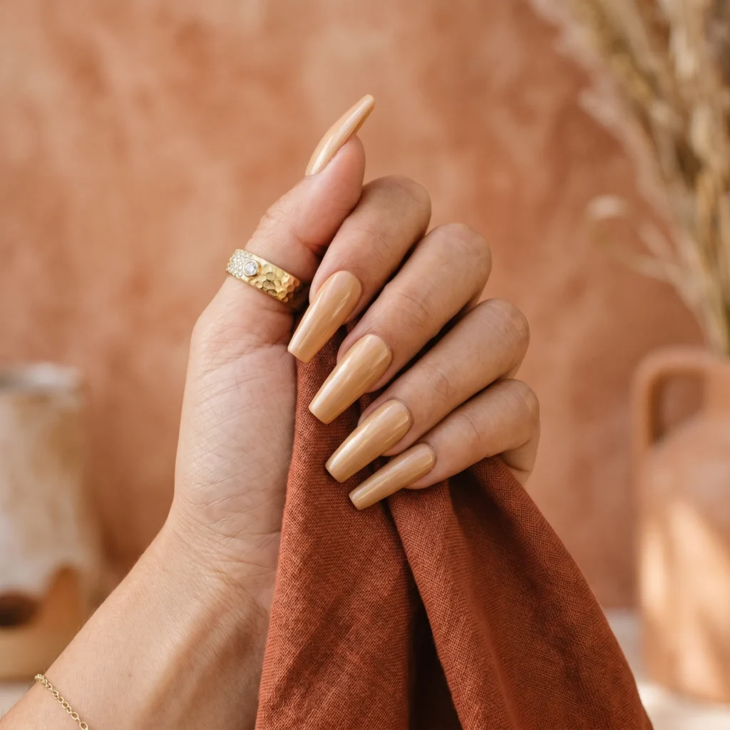 tuscan nail art warm nude beige coffin long 2026