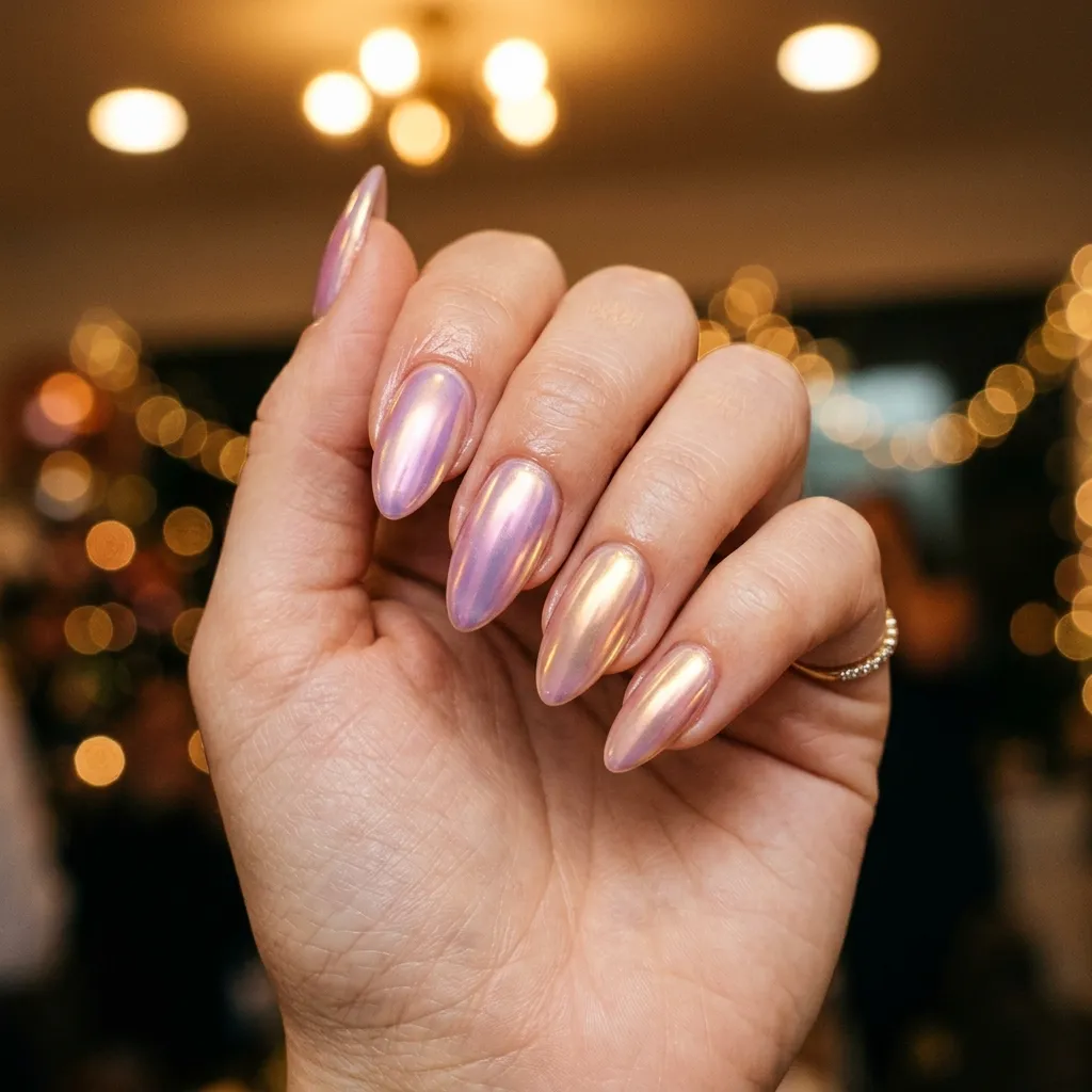 Aurora chrome graduation nails 2026 shifting pink purple gold — medium almond length"
