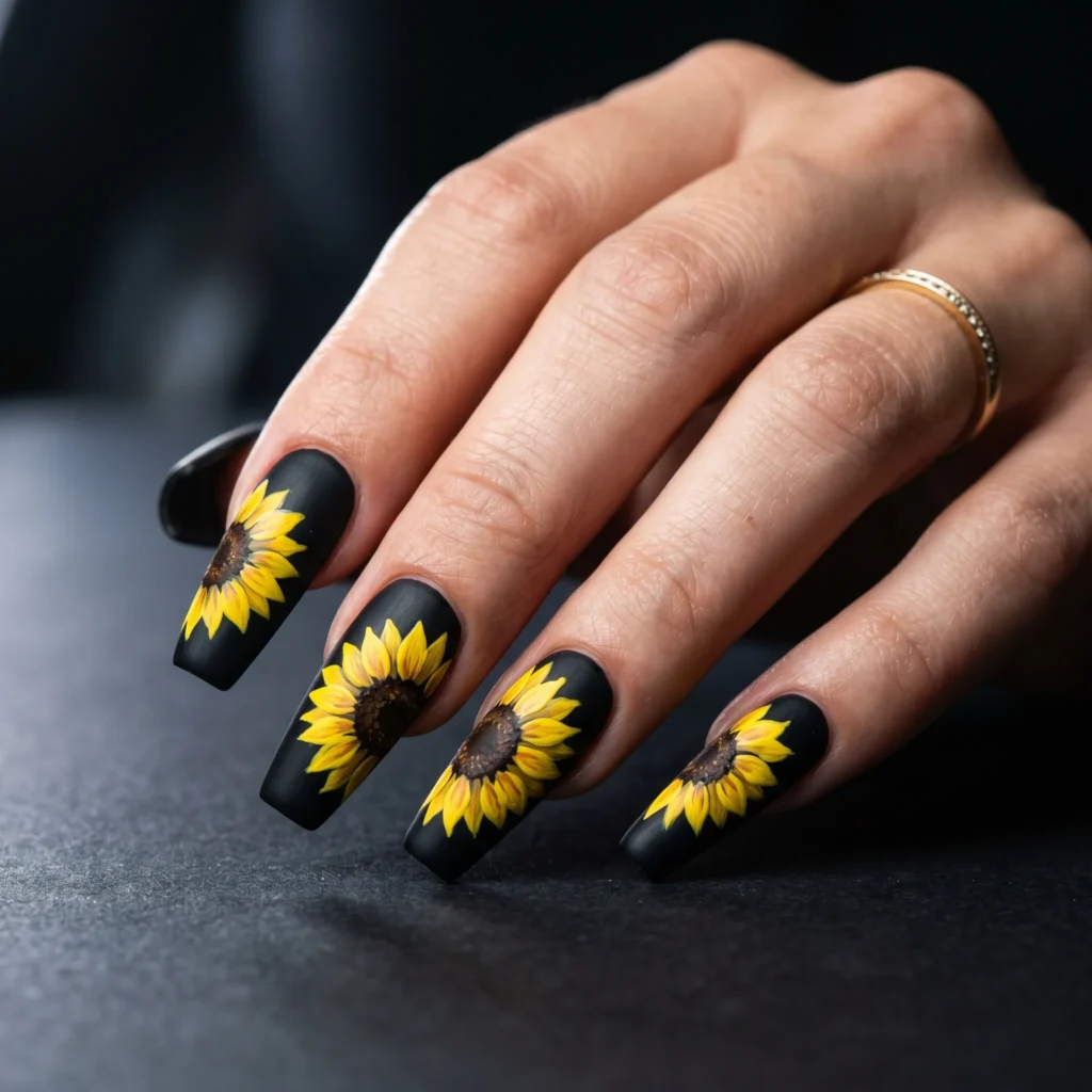 Yellow sunflower nail art on matte black coffin nails high contrast design