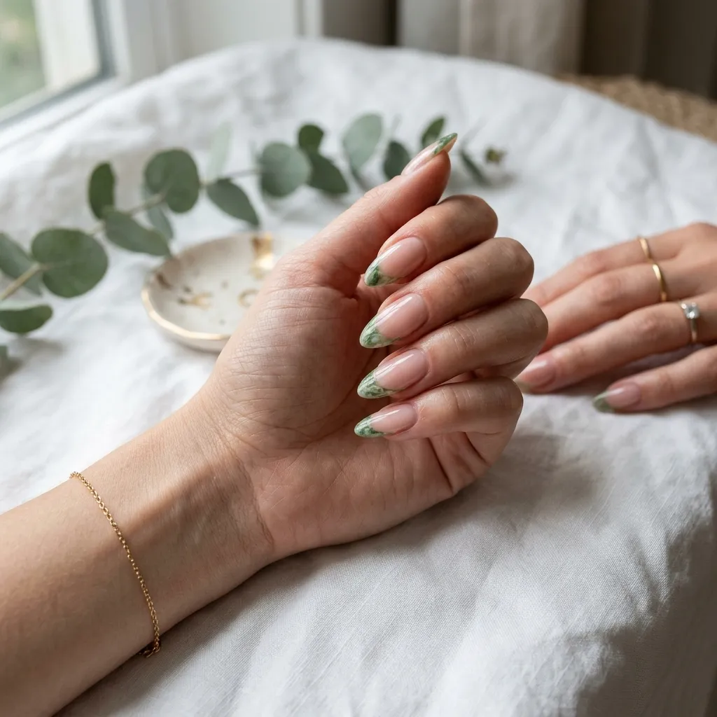 Neutral nude nails with sophisticated jade marble French tips and glossy shine.
