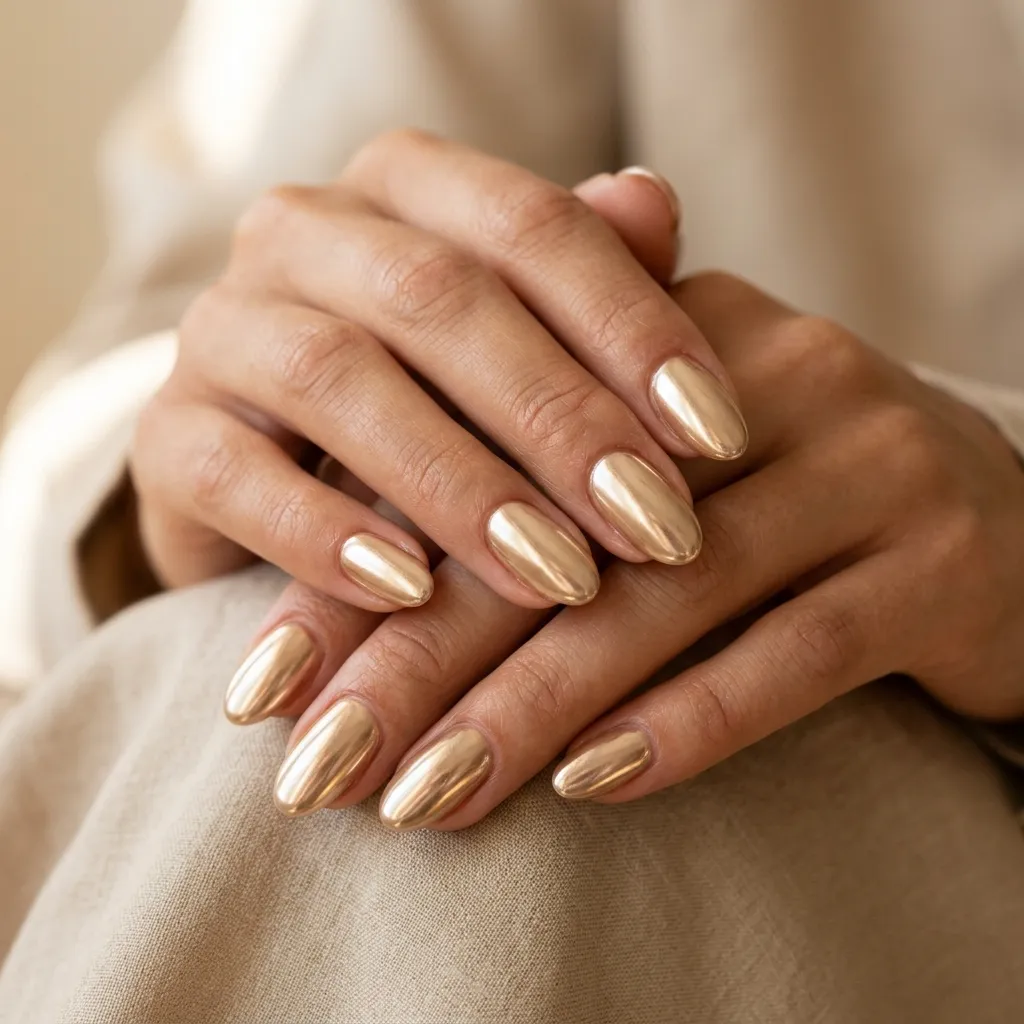 Oval press-on nails with a warm champagne chrome finish catching soft light like jewellery