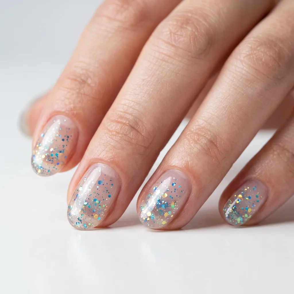 korean nails 2026 glass nails clear gel sparse holographic glitter oval
