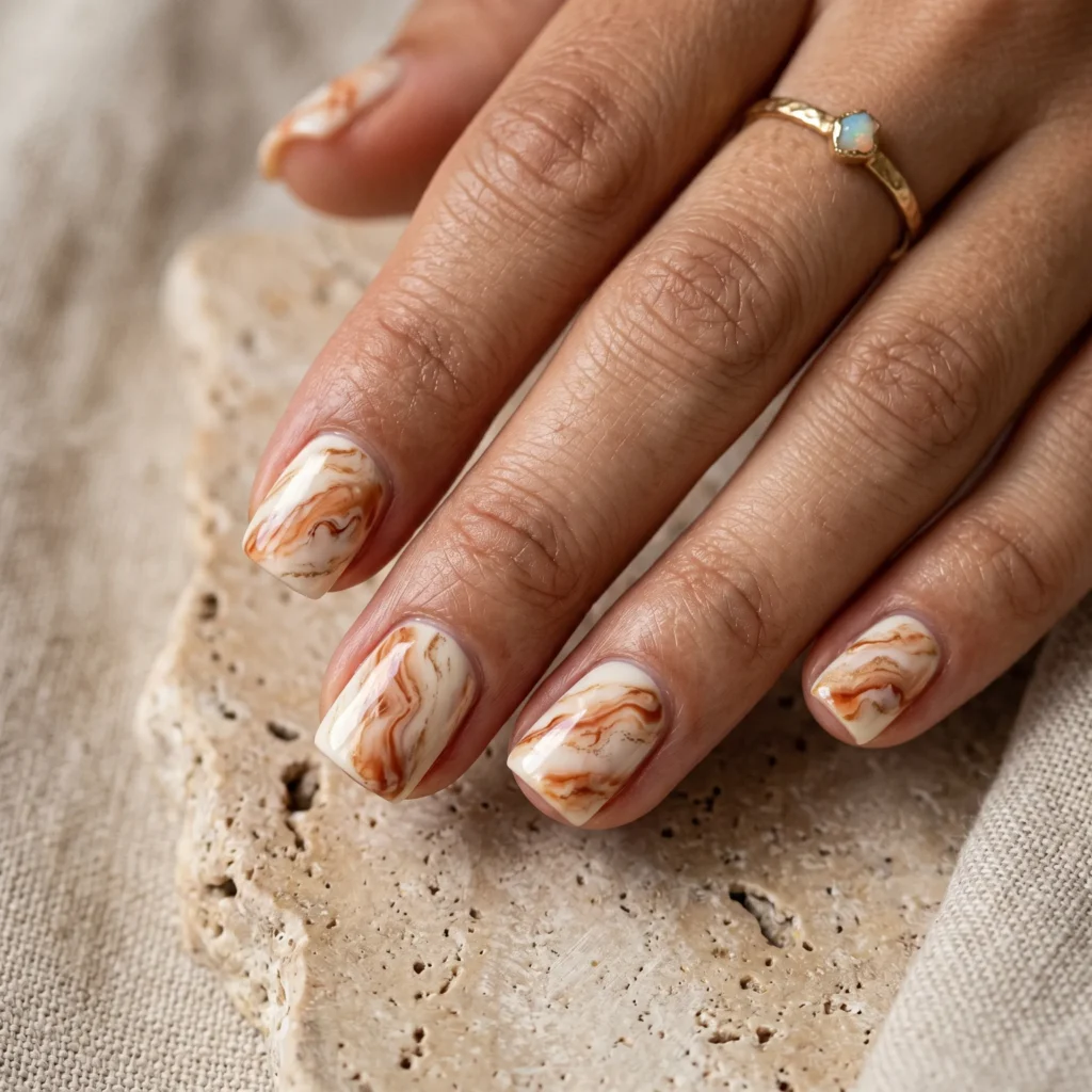 tuscan nail art marble terracotta swirl short square 2026
