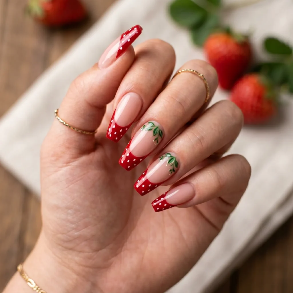 strawberry nails 2026 french tip red white seeds coffin