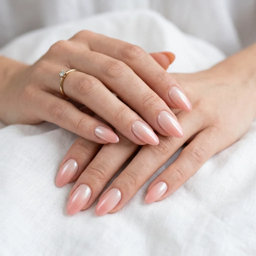 Mother's Day nails 2026 &mdash; blush pink ombre gel with pearl top coat on almond nails